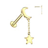 Internally Threaded 14K Yellow Gold Crescent Moon Top and Star Dangle Labret
