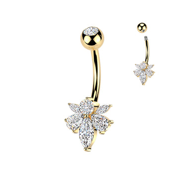 Gold Plated Steel Belly Ring With Pear & Marquise Cubic Zirconia Bee