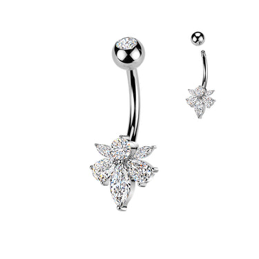 316L Surgical Steel Belly Ring With Pear & Marquise Cubic Zirconia Bee
