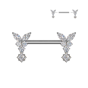 316L Surgical Steel Threadless Push In Butterfly Nipple Barbell With Cubic Zirconia Dangle