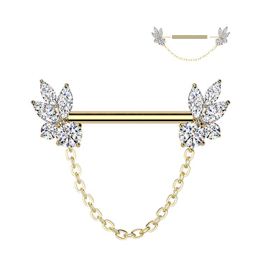 Gold Plated Steel Threadless Marquise Cubic Zirconia Fan Nipple Barbell With Chain Dangle