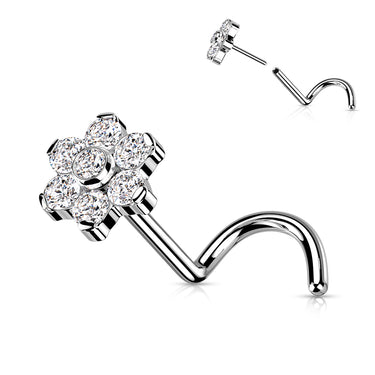 Implant Grade Titanium Corkscrew Nose Ring with Threadless Gem Flower Top