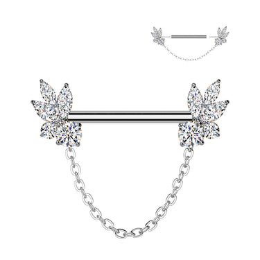 316L Surgical Steel Threadless Marquise Cubic Zirconia Fan Nipple Barbell With Chain Dangle