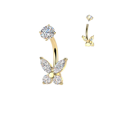 Gold Plated Internally Threaded Prong Set Butterfly Cubic Zirconia Belly Ring
