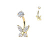 Gold Plated Internally Threaded Prong Set Butterfly Cubic Zirconia Belly Ring