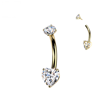 14K Gold Internally Threaded Double Jewelled Prong Set Heart Cubic Zirconia Belly Ring
