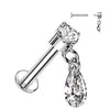 Internally Threaded 14K White Gold Prong Set CZ Top and Teardrop Dangle Labret