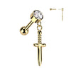 Yellow Gold Plated Titanium Threadless Dagger Dangle Cartilage Barbell