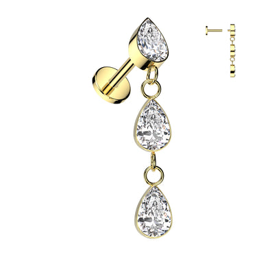 Yellow Gold Plated Titanium Teardrop Cascade. Cartilage Earrings.