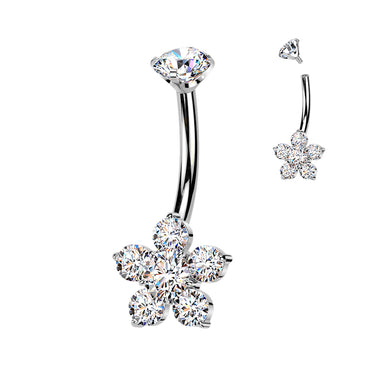 Titanium Internally Threaded Belly Ring With Prong Set Cubic Zirconia Top & Flower
