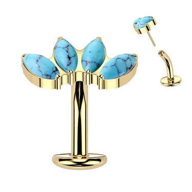Gold Natural Stone Fan Top Titanium Threadless Floating Convex Base Belly Bar