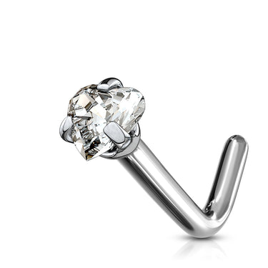 Implant Grade Titanium L Bend Nose Stud With Prong Set Heart Cubic Zirconia