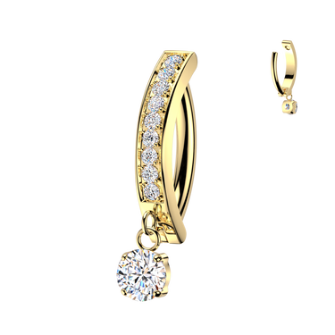 Gold Titanium Hinged Hoop Belly Ring With CNC Set Cubic Zirconias & Prong Set Dangle