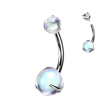 Titanium Internally Threaded Belly Ring With Prong Set Double Moonstones