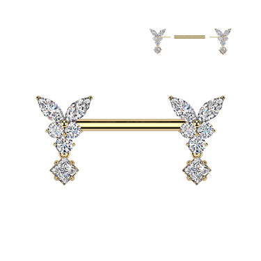 Gold Plated Surgical Steel Threadless Butterfly Nipple Barbell With Cubic Zirconia Dangle