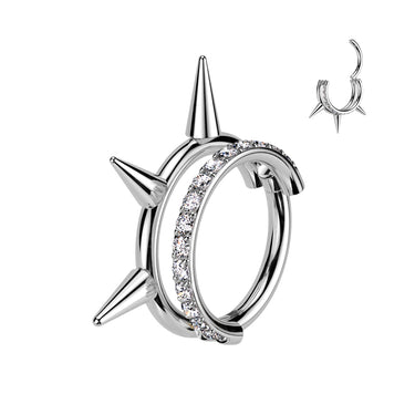 Implant Grade Titanium Stacked Paved Hoop Earring with Triple Spike