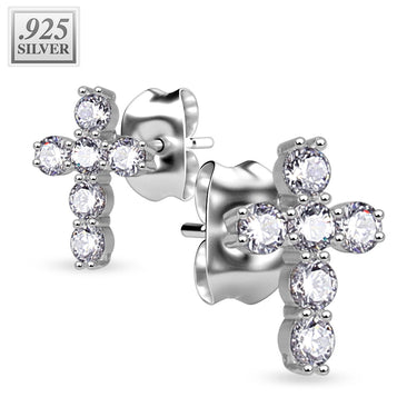 925 Sterling Silver Cross Studs. Butterfly Back Earrings (PAIR)