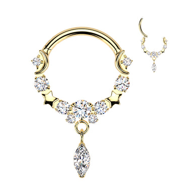 Gold Titanium Moon and Star Segment Hoop Ring With Marquise Cubic Zirconia Dangle