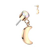 Rose Gold Plated Titanium Threadless Push In Round Bezel Set CZ With Crescent Moon Dangle