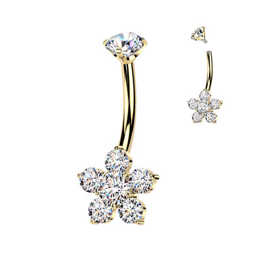 Gold Titanium Internally Threaded Flower Belly Ring with Prong Set Top