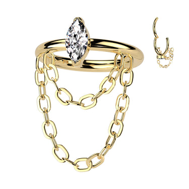 Gold Titanium Hinged Hoop with Marquise Cubic Zirconia and Double Chain