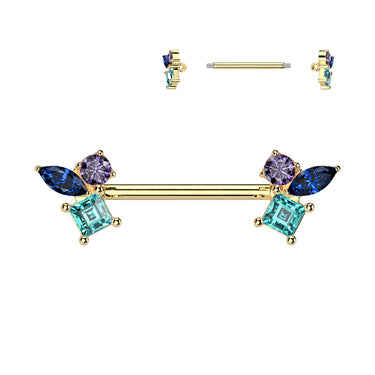 Gold Plated Steel Nipple Barbell with Multicoloured Cubic Zirconia Shape Ends
