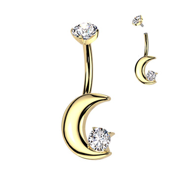 Gold Titanium Crescent Moon Belly Ring with Internal Threading