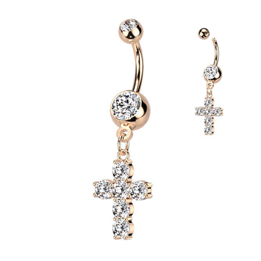 Rose Gold Plated Cross Dangle Belly Bar