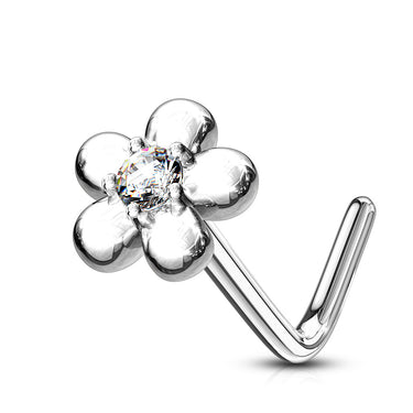 Marguerite Daisy L-Shape Nose Ring in 14K White Gold