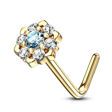 Amore Daisy L-Shape Nose Ring in 14K Yellow Gold - Nostril. Navel Rings Australia.