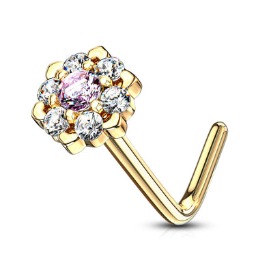 Amore Daisy L-Shape Nose Ring in 14K Yellow Gold - Nostril. Navel Rings Australia.