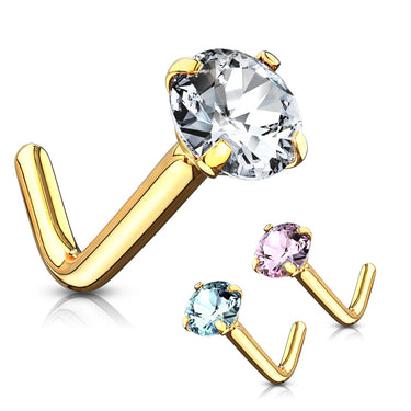 Classic Prong L-Bend Nose Ring in 14K Gold - Nostril. Navel Rings Australia.