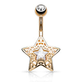 Filigree Crystal Star Belly Bar with Rose Gold Plating - Fixed (non-dangle) Belly Bar. Navel Rings Australia.