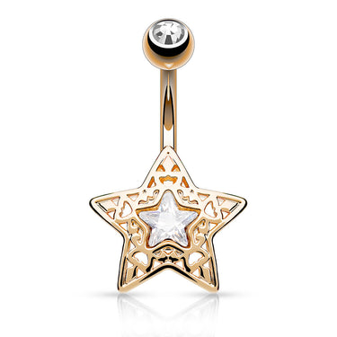 Filigree Crystal Star Belly Bar with Rose Gold Plating - Fixed (non-dangle) Belly Bar. Navel Rings Australia.
