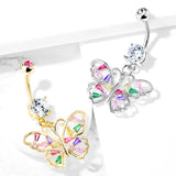 Crystal Stack Butterfly Belly Dangle with Gold Plating - Dangling Belly Ring. Navel Rings Australia.