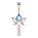 Golden Saraswati Lotus Flower Navel Ring - Dangling Belly Ring. Navel Rings Australia.