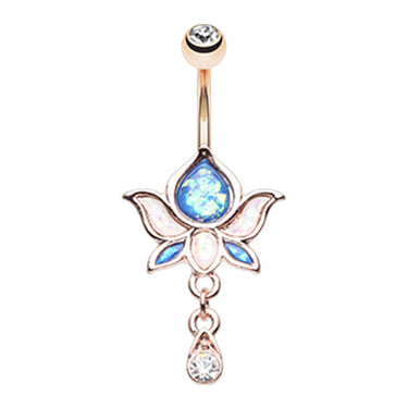 Golden Saraswati Lotus Flower Navel Ring - Dangling Belly Ring. Navel Rings Australia.