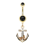 Boating Babes Anchor Belly Bar in Gold - Dangling Belly Ring. Navel Rings Australia.