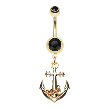 Boating Babes Anchor Belly Bar in Gold - Dangling Belly Ring. Navel Rings Australia.