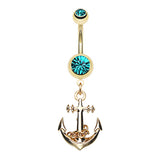 Boating Babes Anchor Belly Bar in Gold - Dangling Belly Ring. Navel Rings Australia.