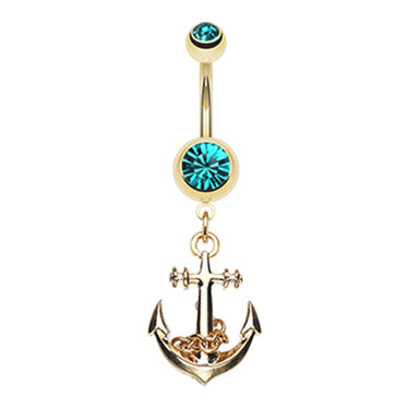 Boating Babes Anchor Belly Bar in Gold - Dangling Belly Ring. Navel Rings Australia.
