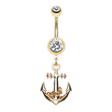Boating Babes Anchor Belly Bar in Gold - Dangling Belly Ring. Navel Rings Australia.