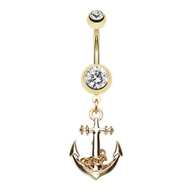 Boating Babes Anchor Belly Bar in Gold - Dangling Belly Ring. Navel Rings Australia.