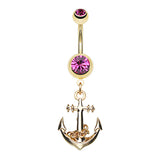 Boating Babes Anchor Belly Bar in Gold - Dangling Belly Ring. Navel Rings Australia.