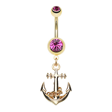 Boating Babes Anchor Belly Bar in Gold - Dangling Belly Ring. Navel Rings Australia.