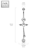 Gabriel Angel Heart Belly Bar in 14K White Gold - Dangling Belly Ring. Navel Rings Australia.