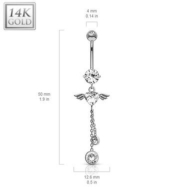 Gabriel Angel Heart Belly Bar in 14K White Gold - Dangling Belly Ring. Navel Rings Australia.