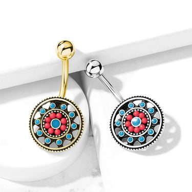 Aztec Sun Wheel Belly Bar - Fixed (non-dangle) Belly Bar. Navel Rings Australia.