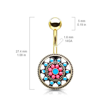 Aztec Sun Wheel Belly Bar with Gold Plating - Fixed (non-dangle) Belly Bar. Navel Rings Australia.