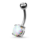 Prong Opal Belly Bar in 14K White Gold - Fixed (non-dangle) Belly Bar. Navel Rings Australia.